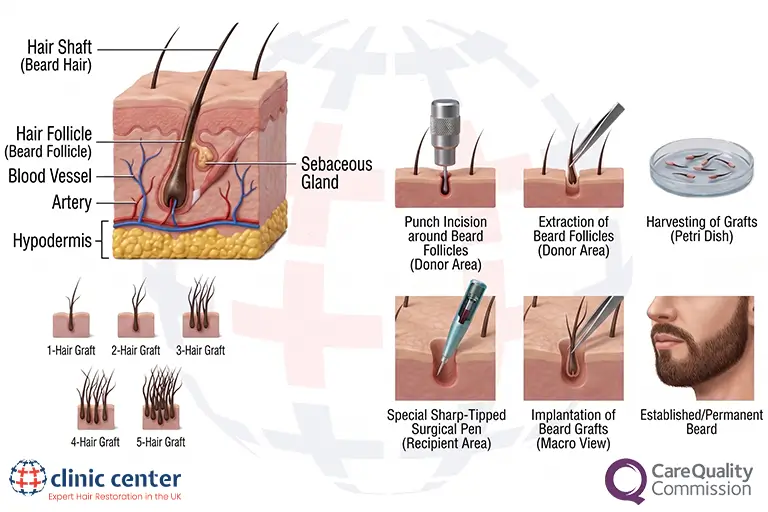 Diagram of the beard hair transplant process from follicle extraction to full beard growth