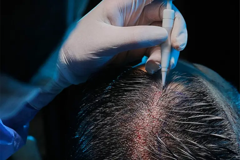 Doctor using the Choi Implanter Pen during a DHI hair transplant procedure
