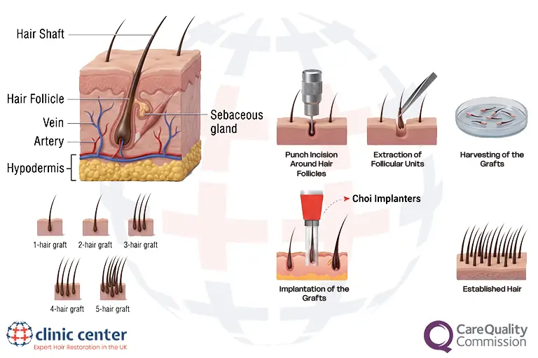 Diagram of the DHI hair transplant process using the Choi Implanter Pen